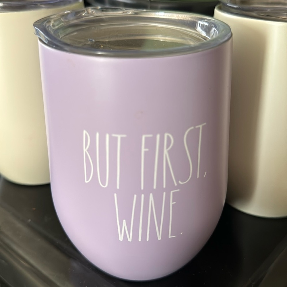 Rae Dunn BUT FIRST WINE insulated stainless steel wine glass. Pretty purple.NWOT